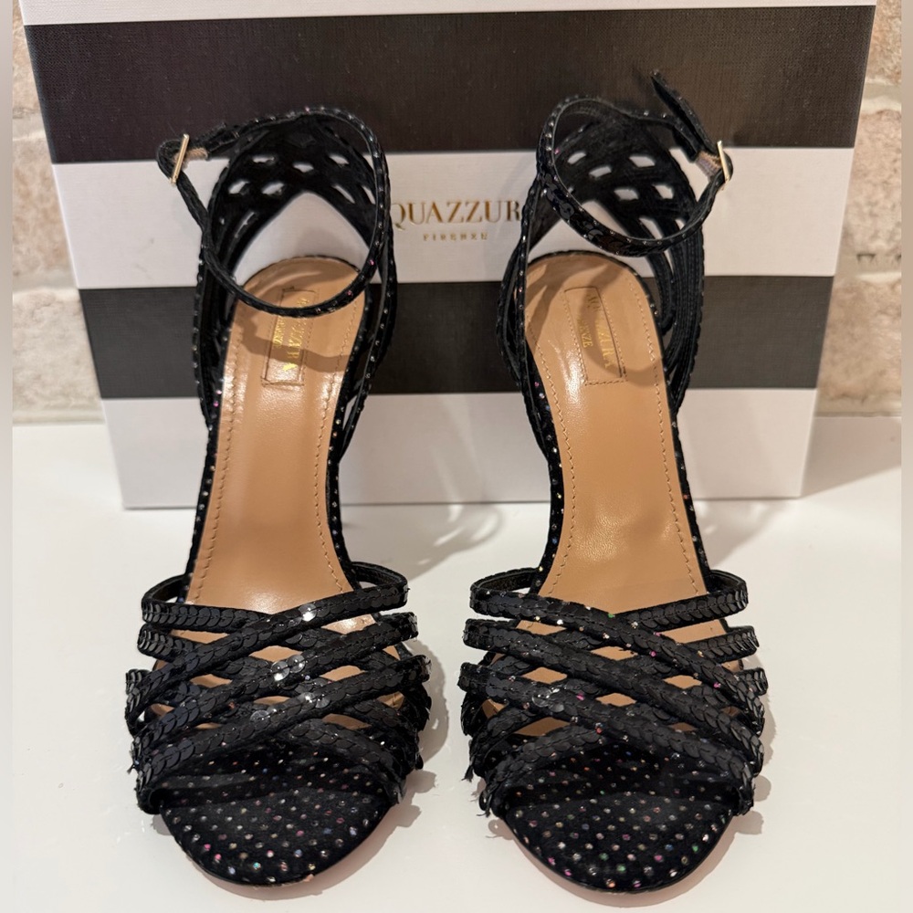 Aquazzura Studio Sequin Sandal in Black/Multicolor Disco Velvet IT 38.5/US 8.5